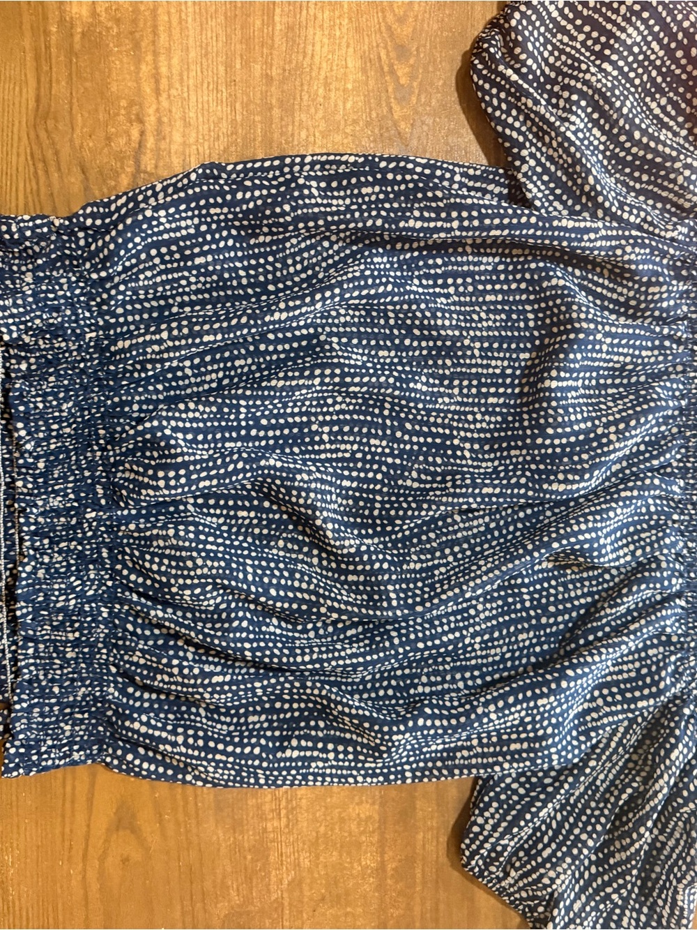 Twenty Second Navy Blue Polka Dot Off Shoulder Smocked Blouse Size Medium USA